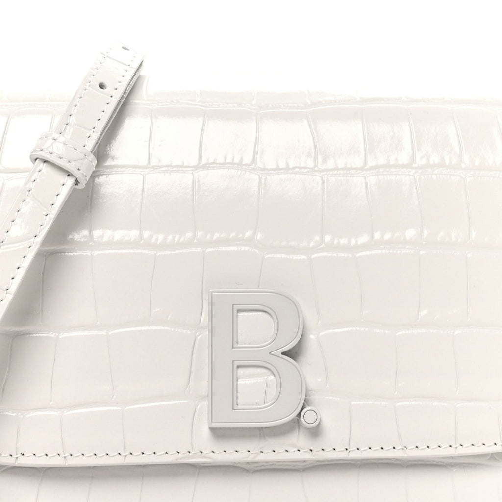 Shiny Calfskin Crocodile Embossed Small B Bag White