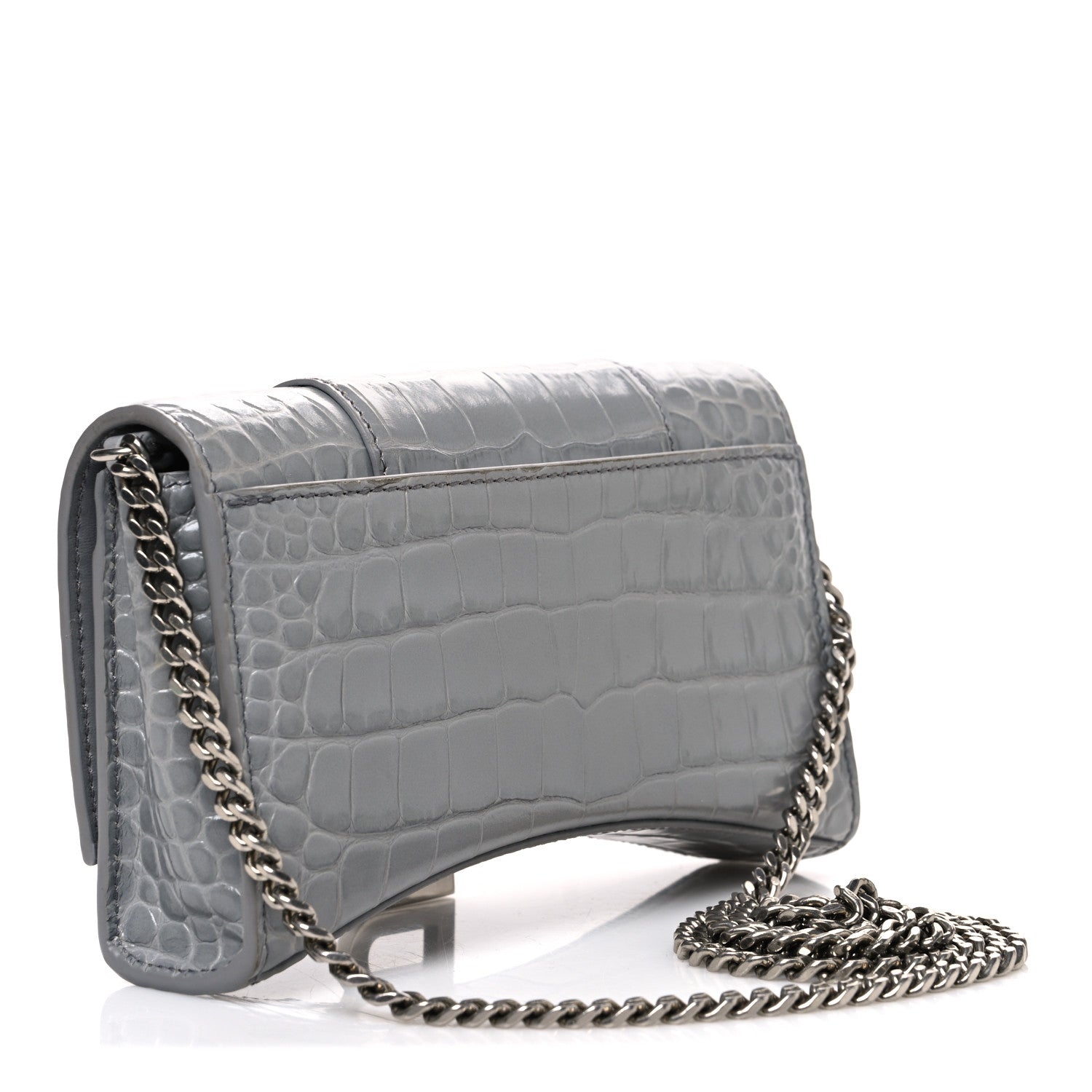 Shiny Calfskin Crocodile Embossed Hourglass Chain Bag Balenciaga Steel Grey