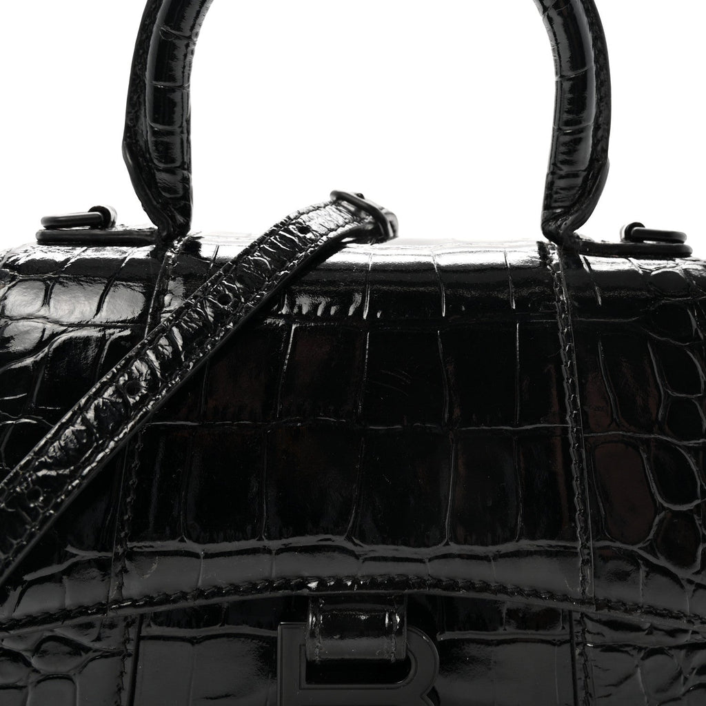 Shiny Calfskin Monochrome Crocodile Embossed Hourglass Top Handle Bag XS Black