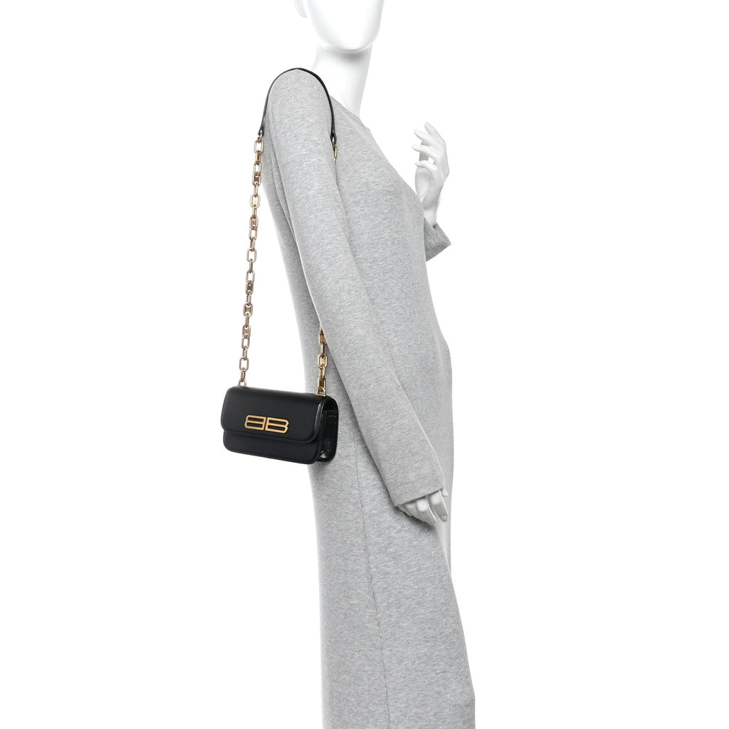 Calfskin Stripe Embossed Gossip Chain Bag XS Black