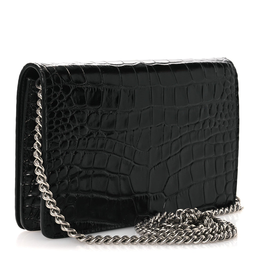 Shiny Calfskin Logo Crocodile Embossed Ville Wallet on Chain Black