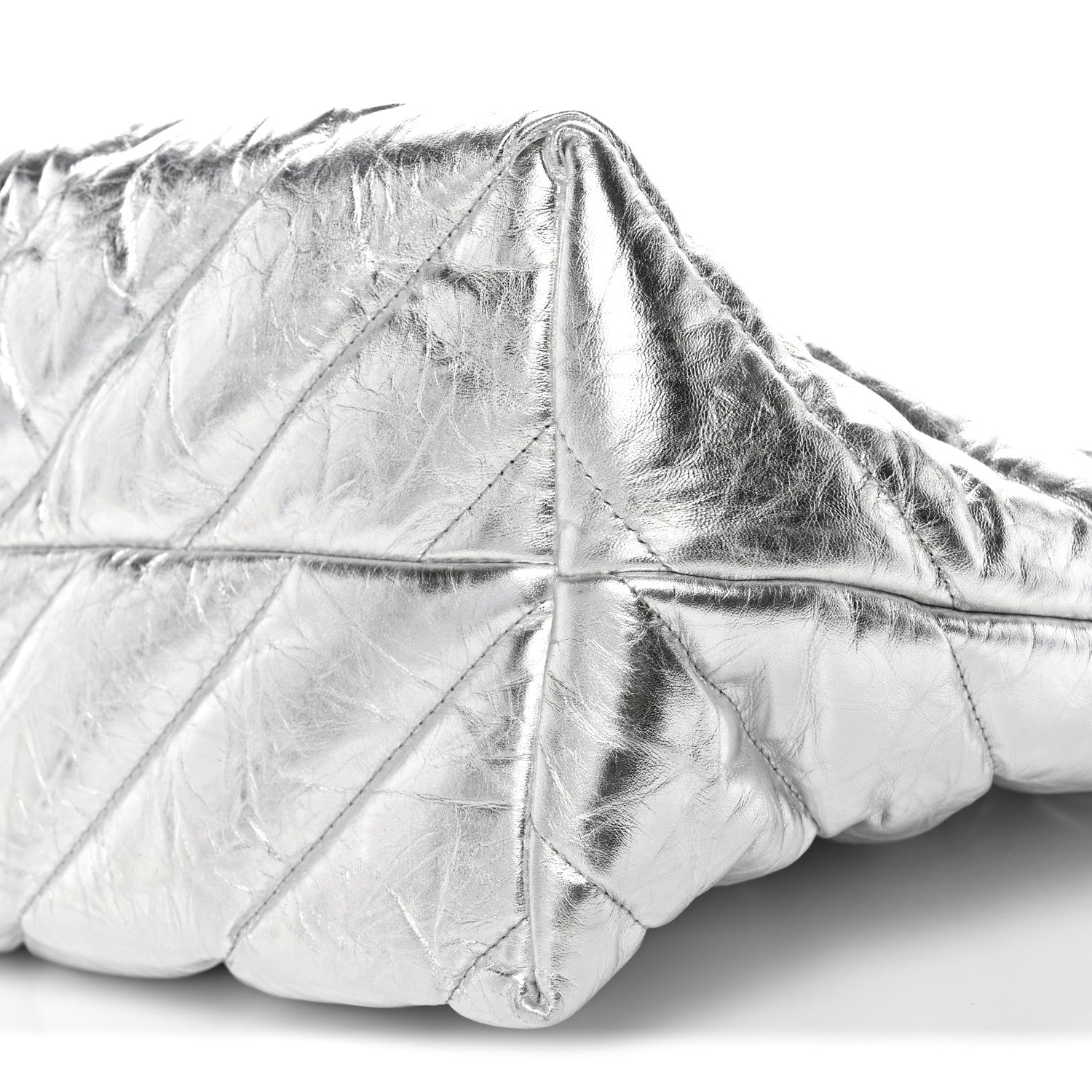 Metallic Crushed Calfskin Quilted Medium Crush Carry All Tote Bag Silver