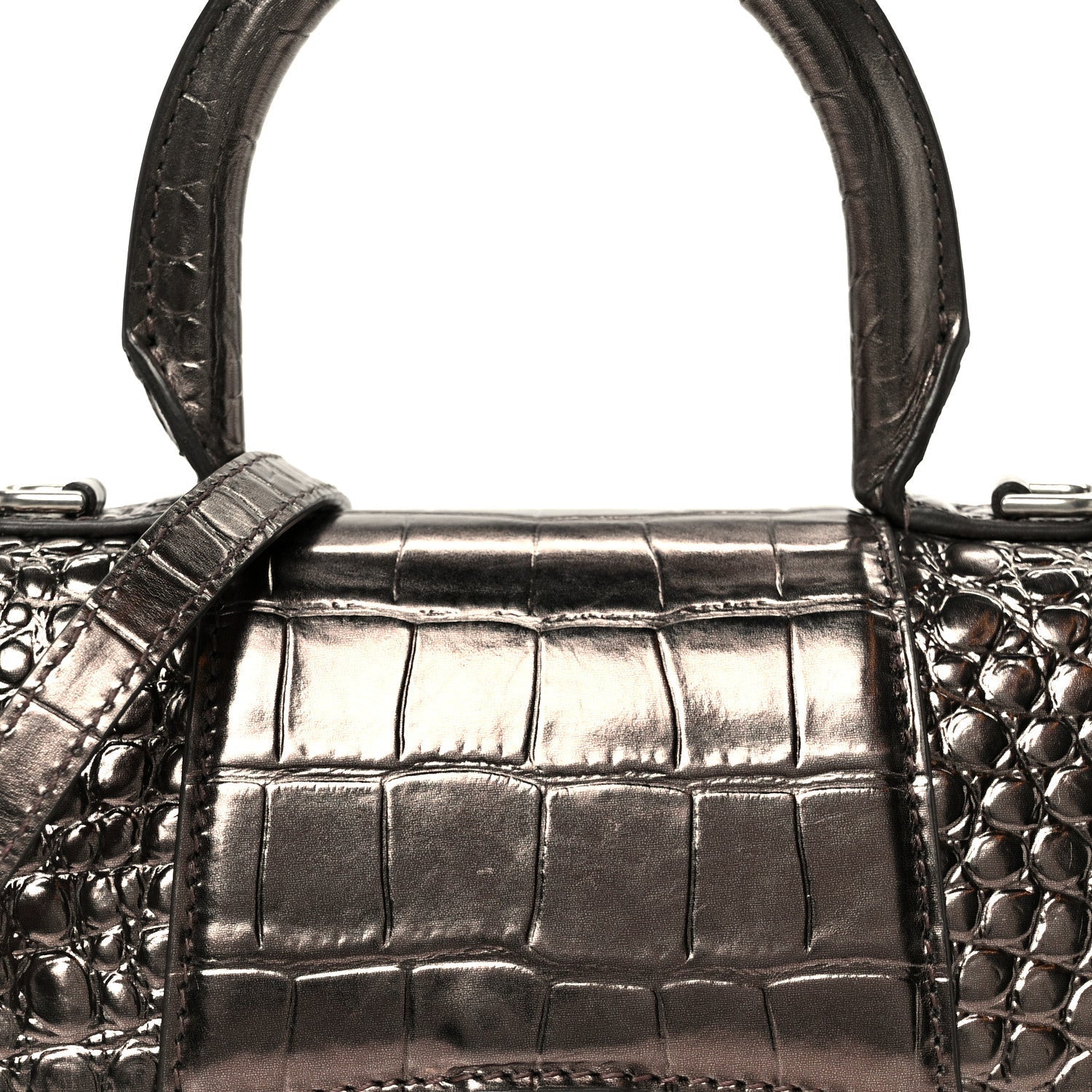 Metallic Shiny Calfskin Crocodile Embossed Hourglass Top Handle Bag XS Dark Bronze