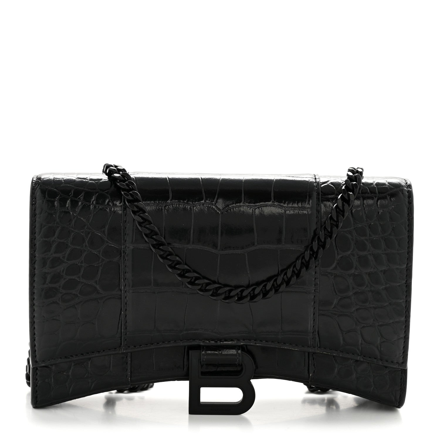 Shiny Calfskin Monochrome Crocodile Embossed Hourglass Chain Bag Black