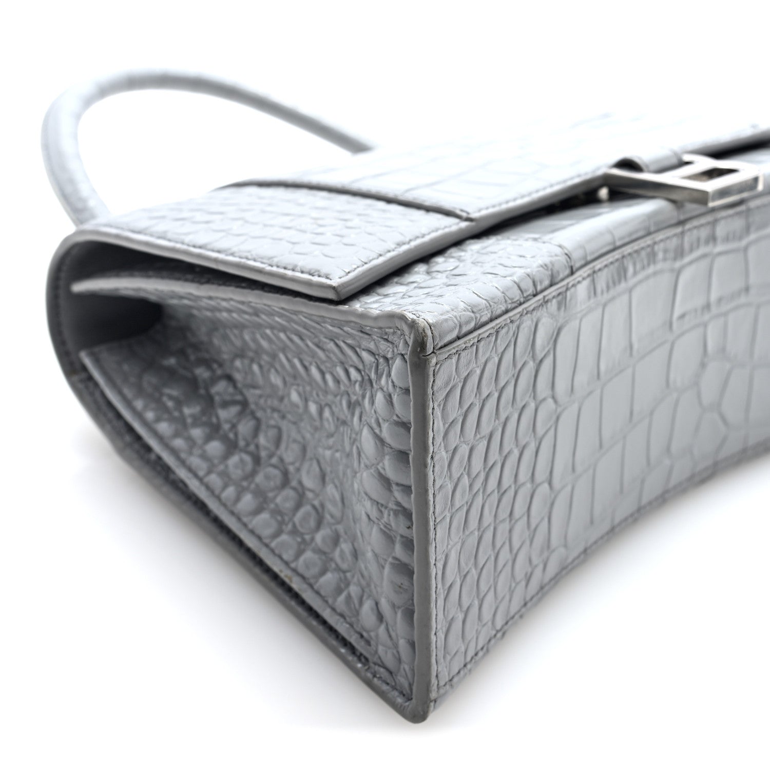 Shiny Calfskin Crocodile Embossed Medium Hourglass Top Handle Bag Balenciaga Grey