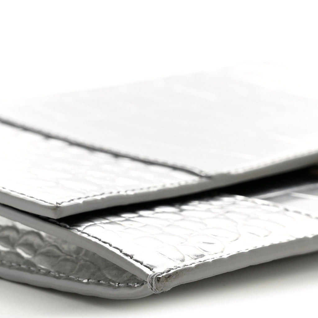 Metallic Calfskin Crocodile Embossed Hourglass Flap Flat Pouch Silver