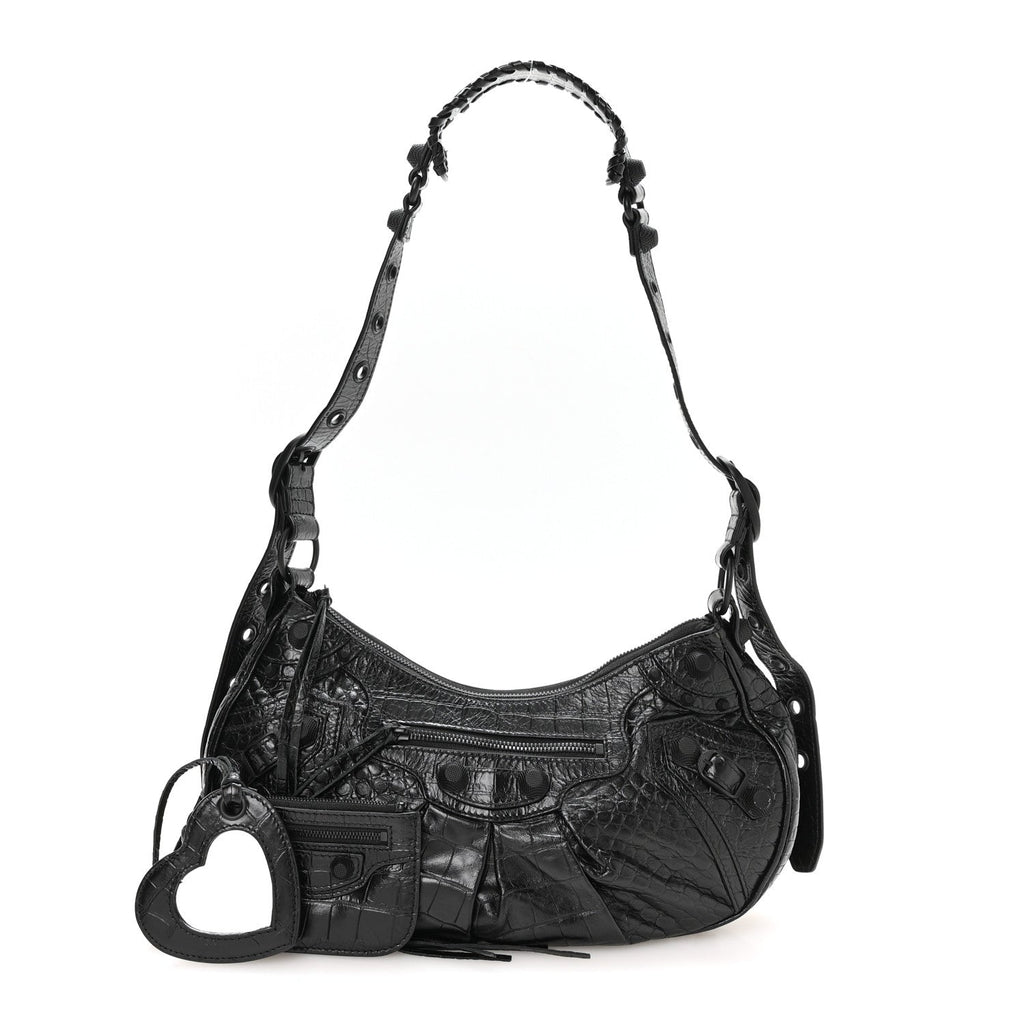 Extra Supple Calfskin Crocodile Embossed Monochrome Small Le Cagole Shoulder Bag Black
