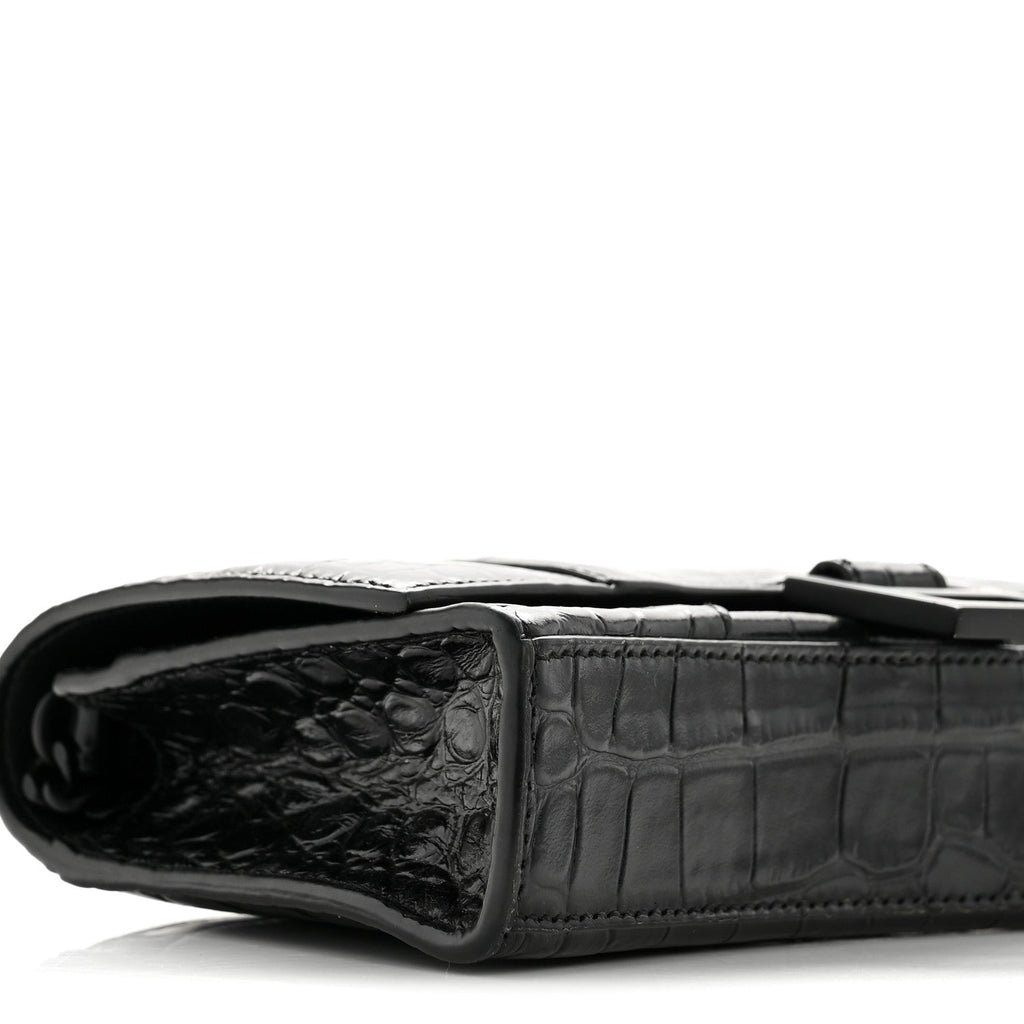 Shiny Calfskin Monochrome Crocodile Embossed Hourglass Chain Bag Black