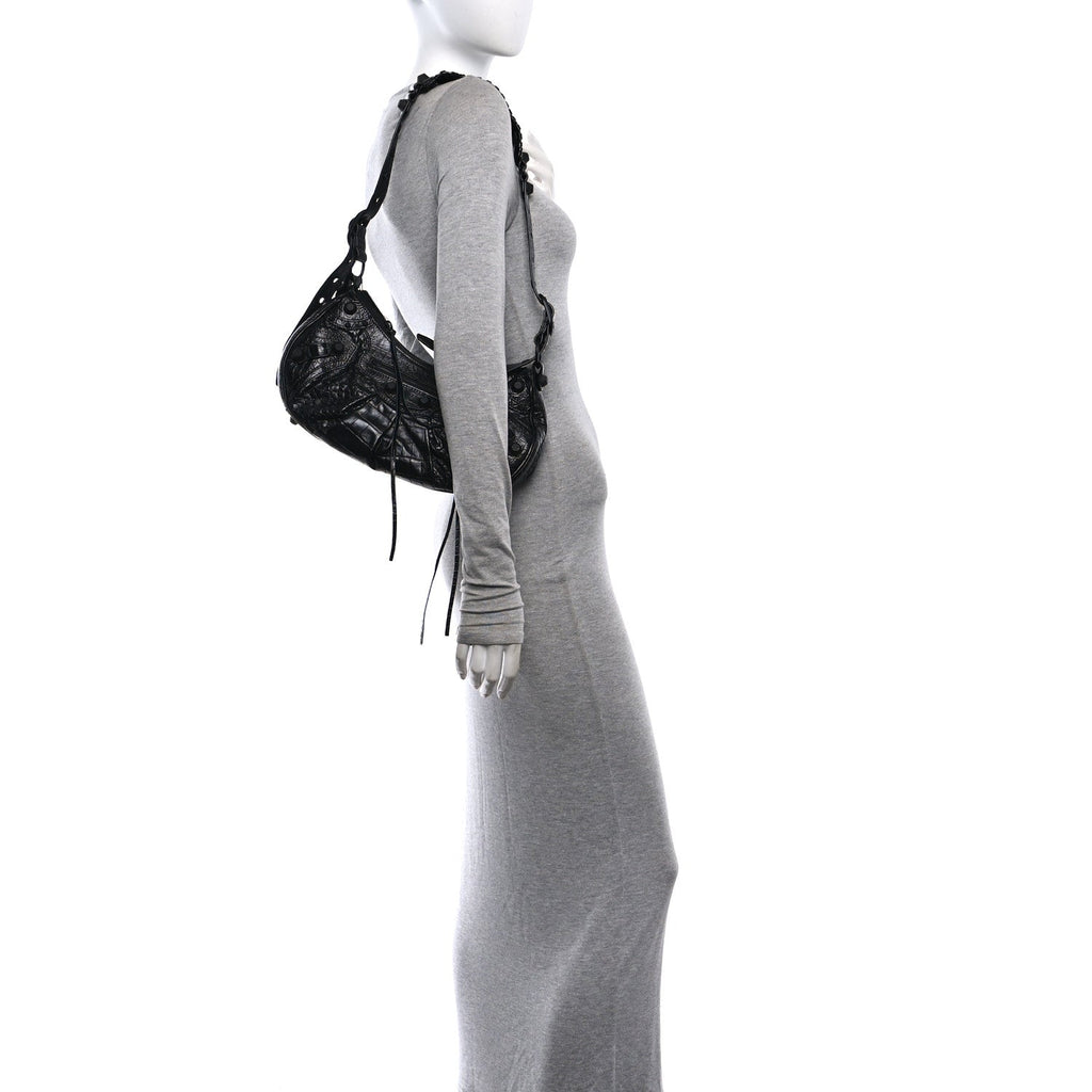 Extra Supple Calfskin Crocodile Embossed Monochrome Small Le Cagole Shoulder Bag Black