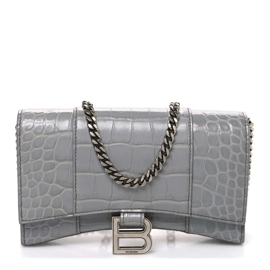 Shiny Calfskin Crocodile Embossed Hourglass Chain Bag Balenciaga Steel Grey