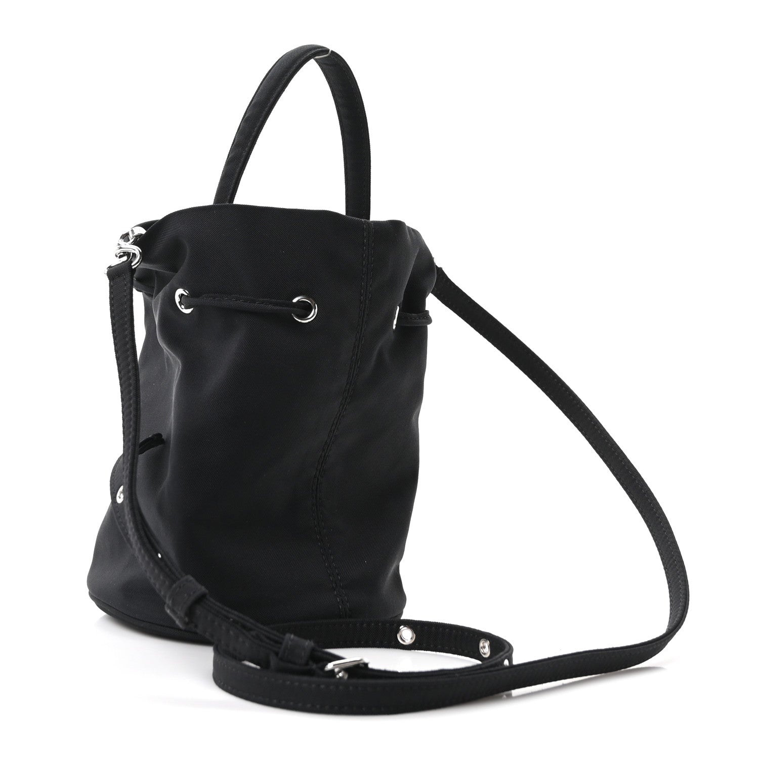 Recycled Sport Nylon Logo Embroidered Wheel Drawstring Bucket Bag Black White