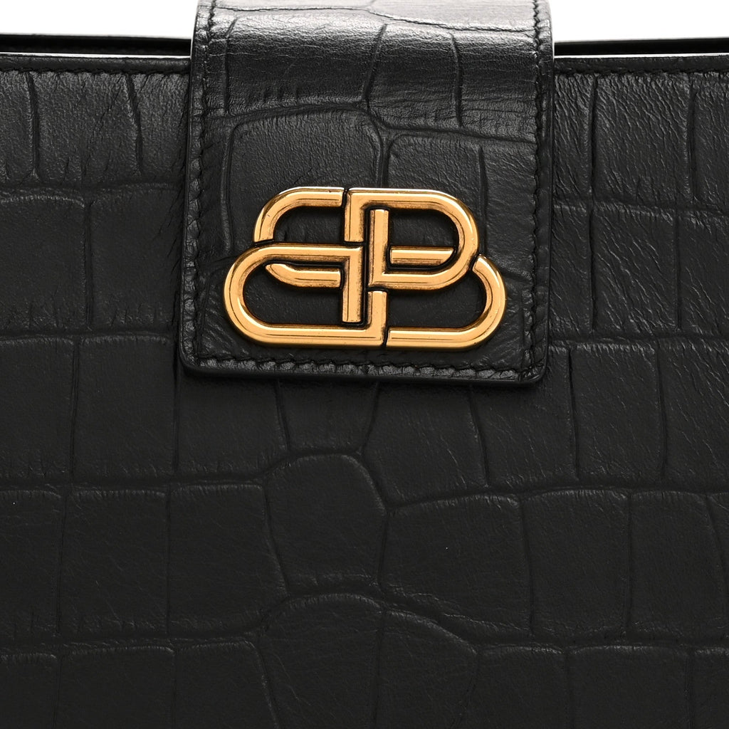 Calfskin Crocodile Embossed Medium Sharp Tote Black