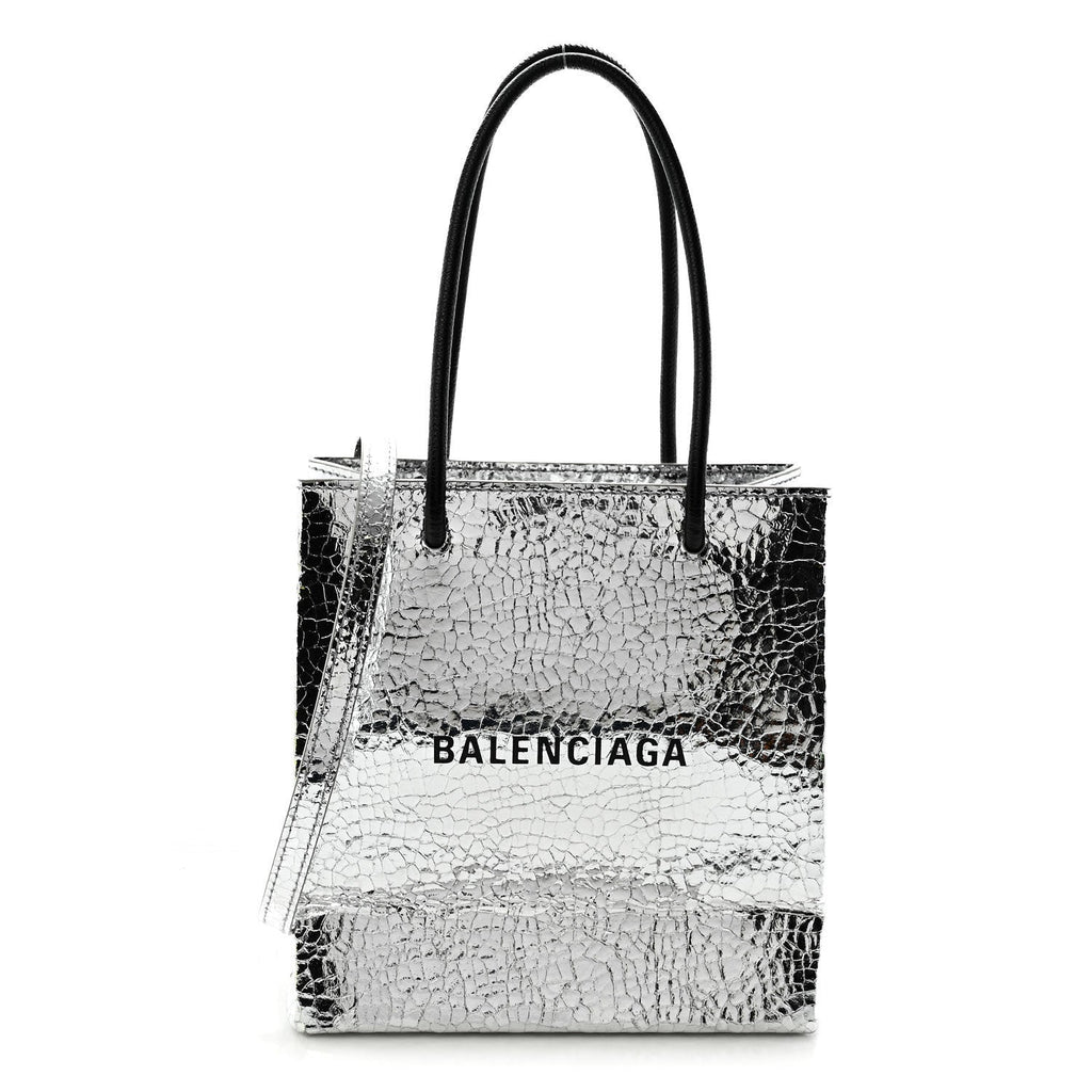 Crackled Mirror Calfskin Logo North South Shopper Tote XXS Silver