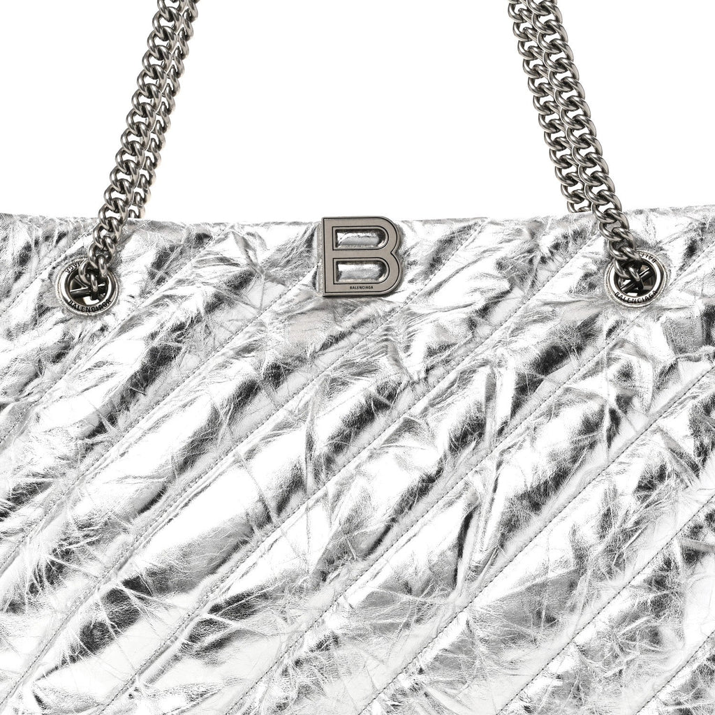 Metallic Crushed Calfskin Quilted Medium Crush Carry All Tote Bag Silver