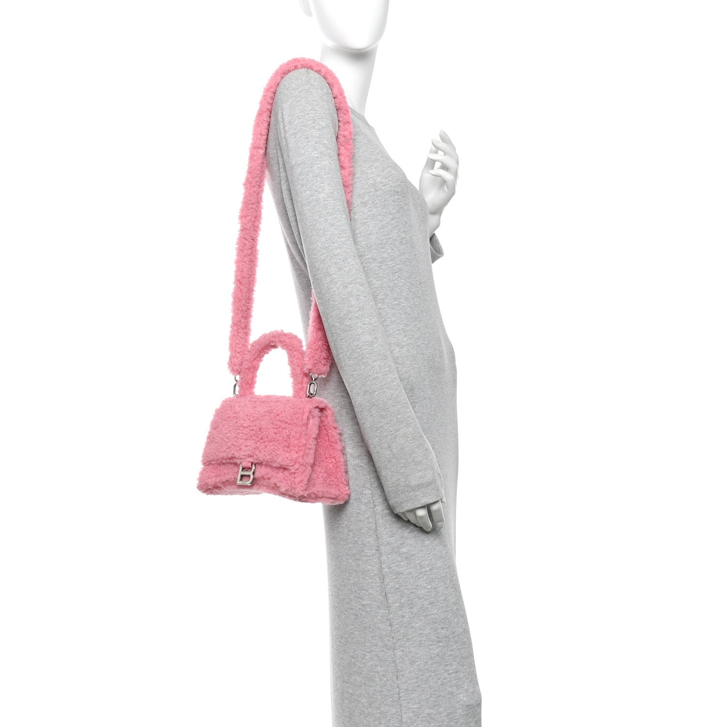 Curly Faux Shearling Small Hourglass Top Handle Bag Sweet Pink Pink