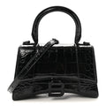 Shiny Calfskin Monochrome Crocodile Embossed Hourglass Top Handle Bag XS Black