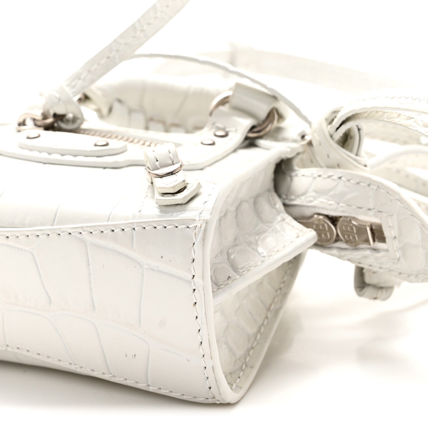 Extra Supple Calfskin Crocodile Embossed Neo Classic Silver Hardware Super Nano City Crossbody  White