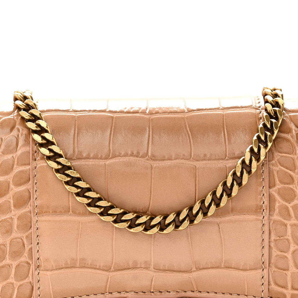 Shiny Calfskin Crocodile Embossed Hourglass Chain Bag Nude Beige