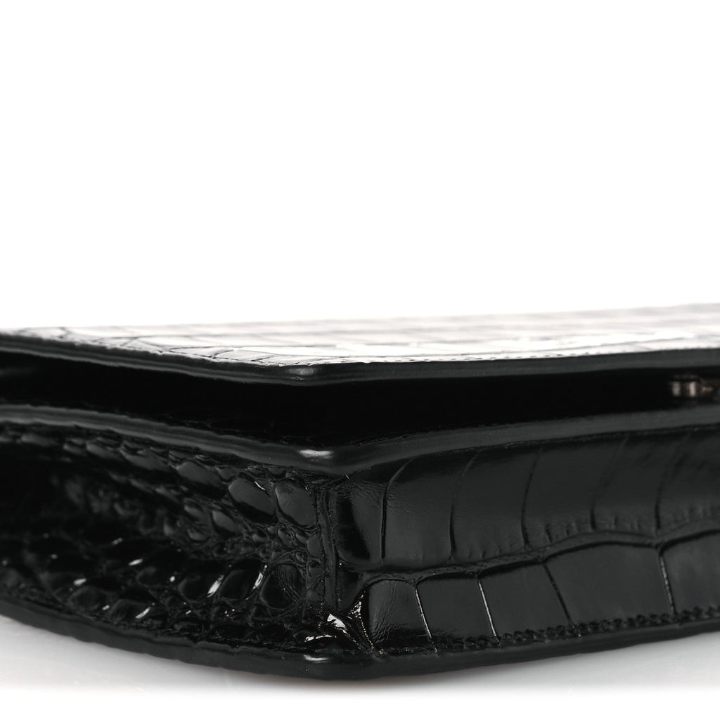 Shiny Calfskin Logo Crocodile Embossed Ville Wallet on Chain Black