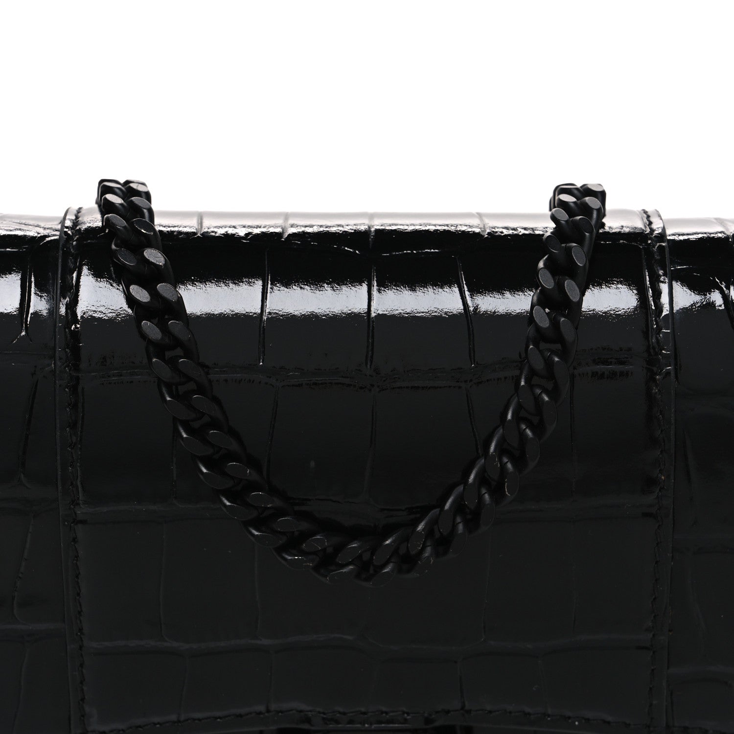 Shiny Calfskin Monochrome Crocodile Embossed Hourglass Chain Bag Black
