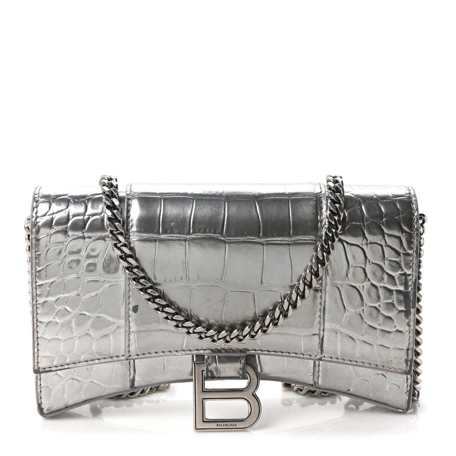 Metallic Calfskin Crocodile Embossed Hourglass Chain Bag Silver