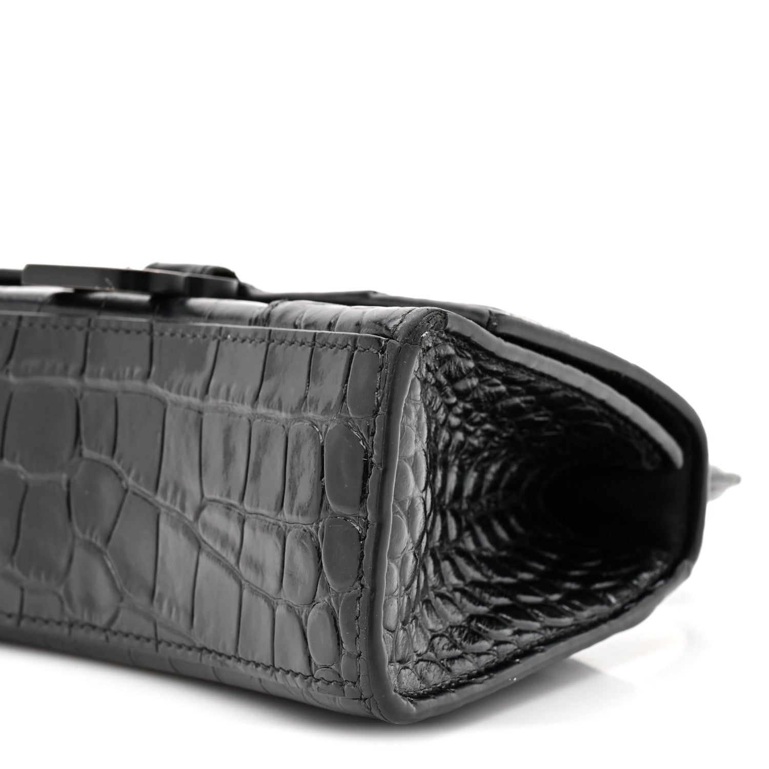 Shiny Calfskin Monochrome Crocodile Embossed Hourglass Top Handle Bag XS Black