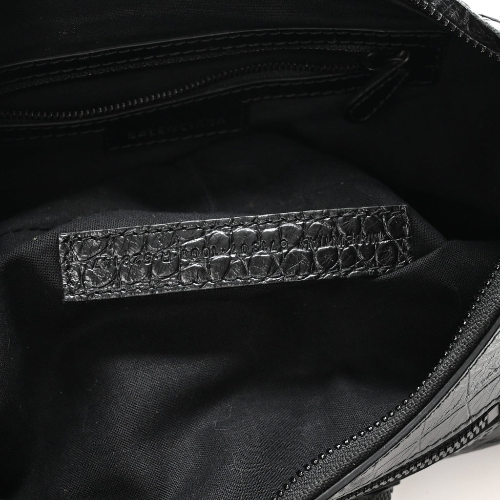 Extra Supple Calfskin Crocodile Embossed Monochrome Small Le Cagole Shoulder Bag Black