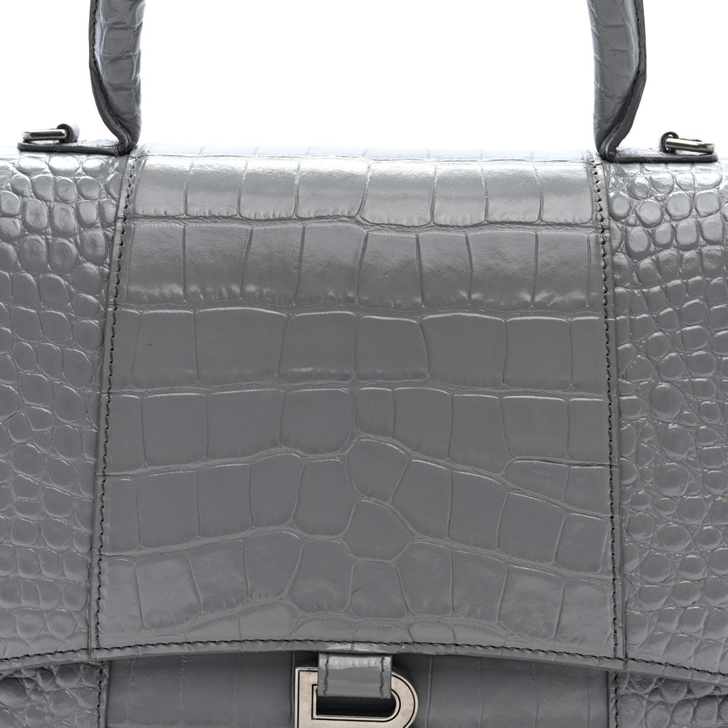 Shiny Calfskin Crocodile Embossed Medium Hourglass Top Handle Bag Balenciaga Grey