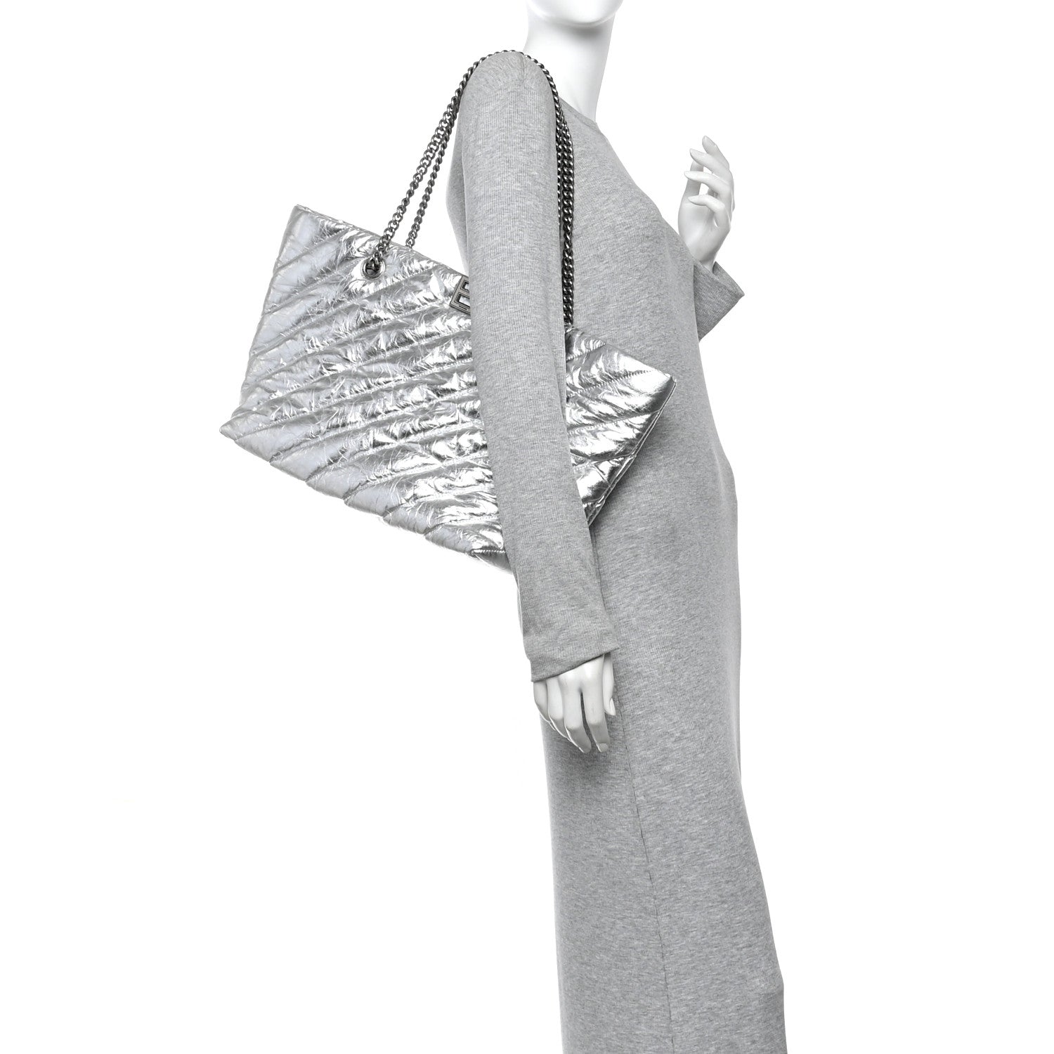 Metallic Crushed Calfskin Quilted Medium Crush Carry All Tote Bag Silver