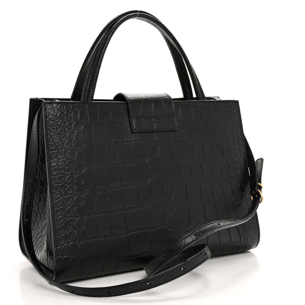 Calfskin Crocodile Embossed Medium Sharp Tote Black