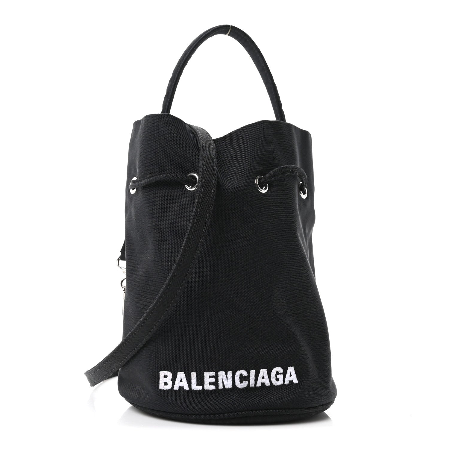 Recycled Sport Nylon Logo Embroidered Wheel Drawstring Bucket Bag Black White