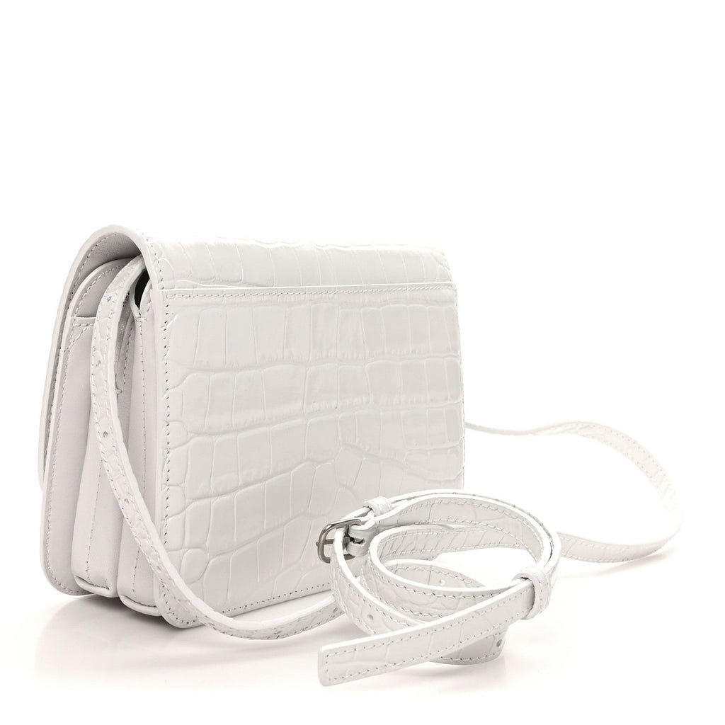 Shiny Calfskin Crocodile Embossed Small B Bag White