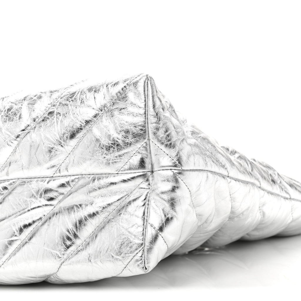 Metallic Crushed Calfskin Quilted Medium Crush Carry All Tote Bag Silver