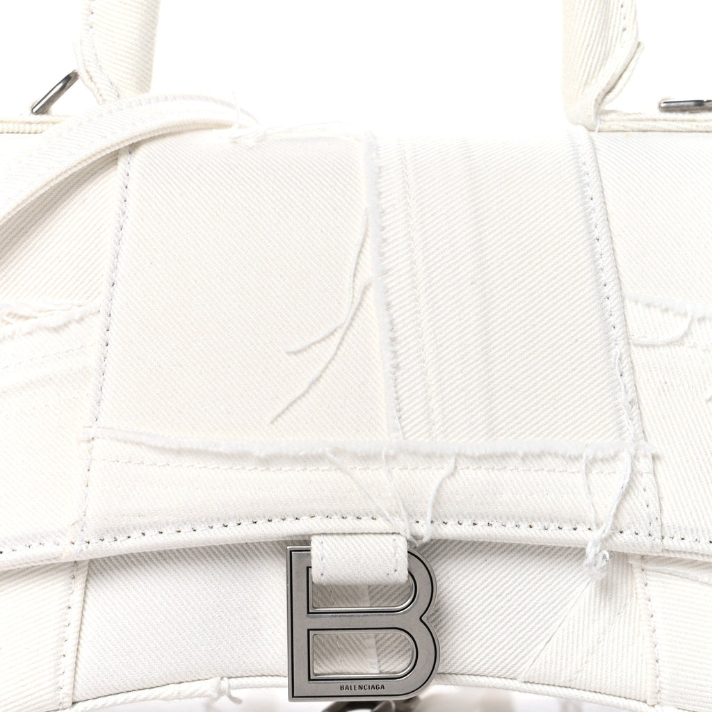 Denim Patchwork Small Hourglass Top Handle Bag White