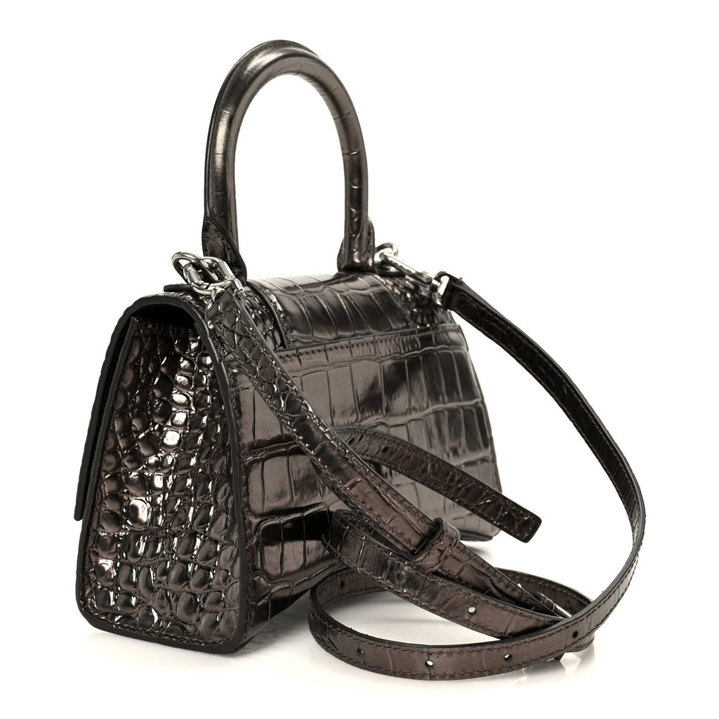 Metallic Shiny Calfskin Crocodile Embossed Hourglass Top Handle Bag XS Dark Bronze