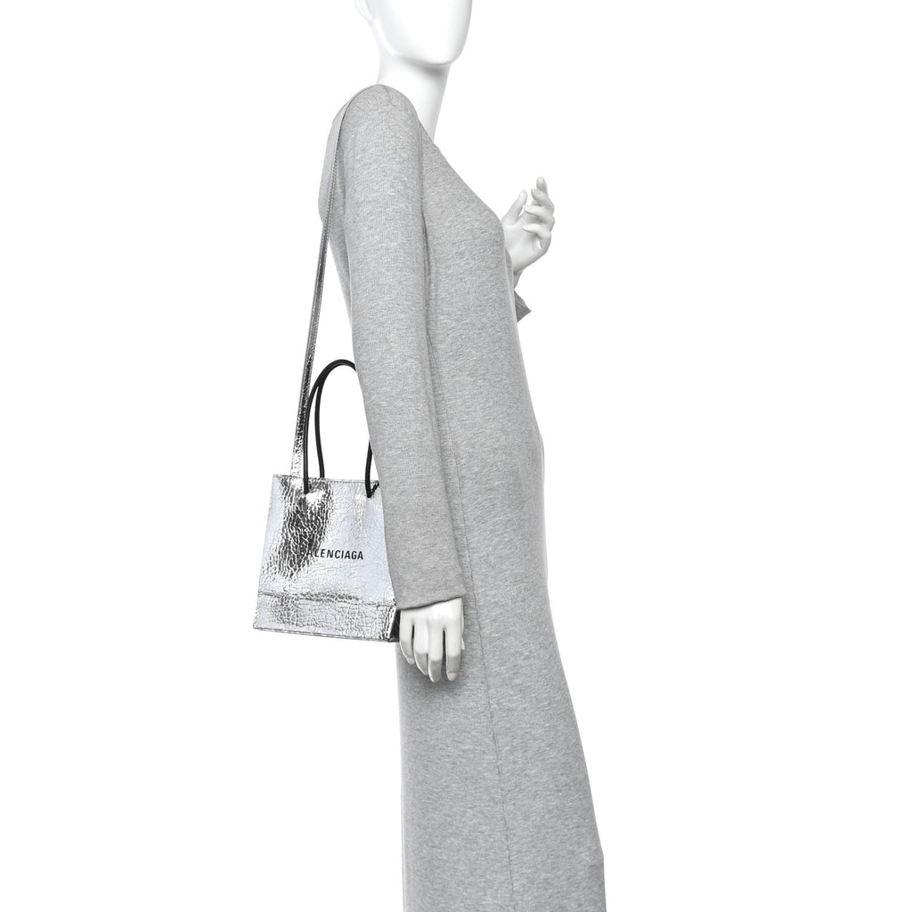 Crackled Mirror Calfskin Logo North South Shopper Tote XXS Silver